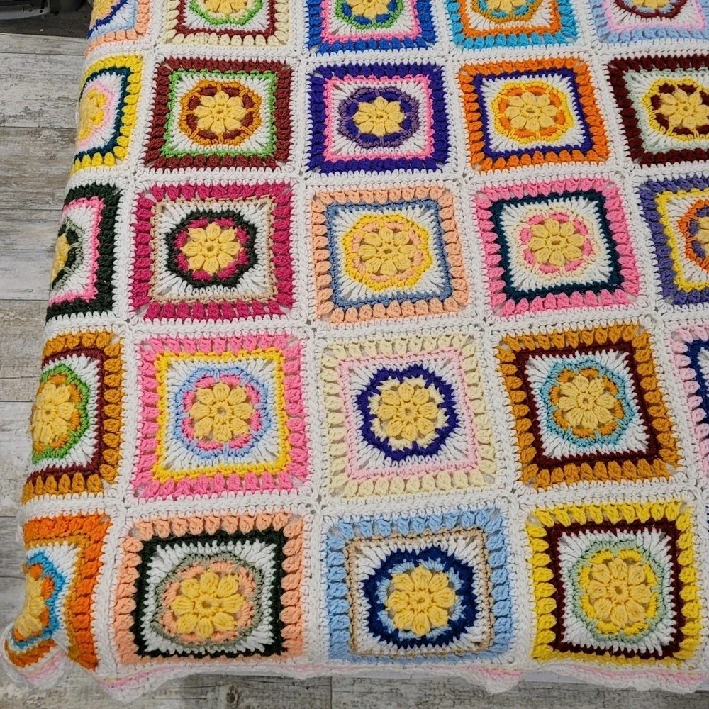 Vibrant Handmade Crochet Granny Square Afghan Blanket MultiColor Floral Sunburst